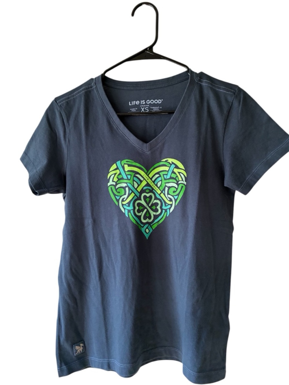Life Is Good Dark Blue V-Neck Tee with Green Celtic Heart Graphic